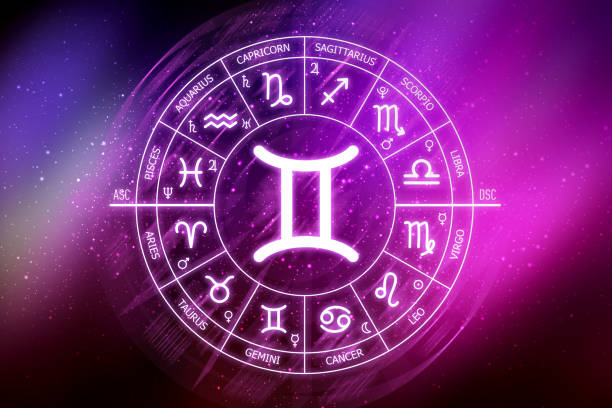 istock Gemini zodiac sign. Gemini icon on blue space background. Zodiac circle on a dark blue background of the space 1412219517