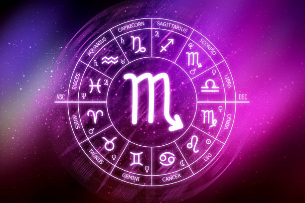 istock Scorpio zodiac sign. Scorpio icon on blue space background. Zodiac circle on a dark blue background of the space 1412219518