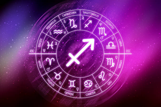 istock Sagittarius zodiac sign. Sagittarius icon on blue space background 1412219519