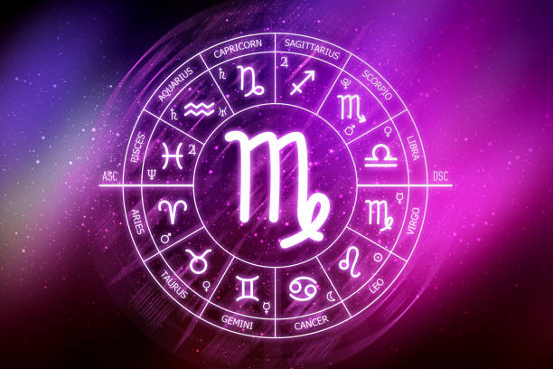 istock Virgo zodiac sign. Virgo icon on blue space background. Zodiac circle on a dark blue background of the space 1412219523