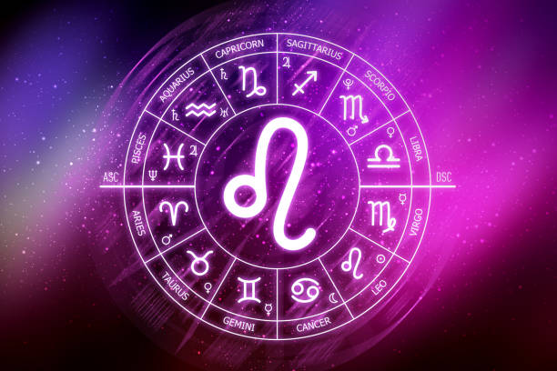 istock Leo zodiac sign. Leo icon on blue space background. Zodiac circle on a dark blue background of the space 1412219525