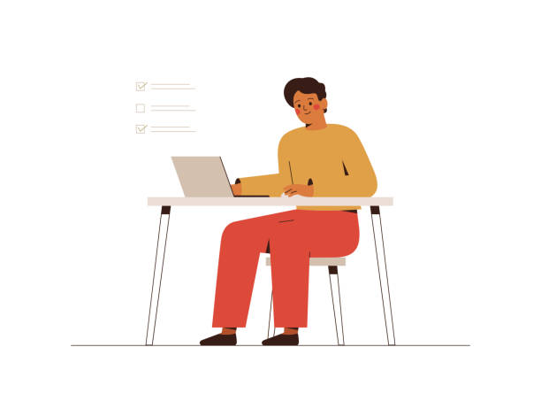 Happy freelancer or office male employee works using a laptop. Teenager Boy learning something online via computer. Happy freelancer or office male employee works using a laptop. Teenager Boy learning something online via computer. Concept of remotely job. Vector illustration man sitting alone drawing stock illustrations