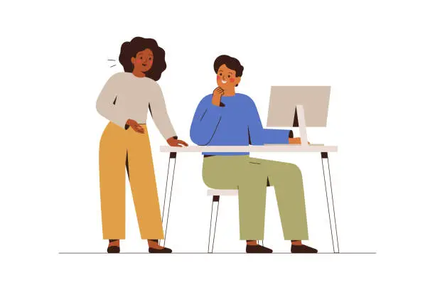 Vector illustration of Man and woman discuss together some idea or solution. Creative colleagues work together on one project.