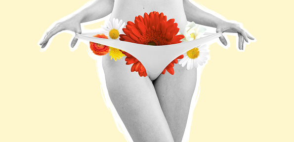 Contemporary artwork. Cropped image of female body and flowers isolated on yellow background. Femininity. Health care. Concept of women's heath care, medicine, treatment, lifestyle,