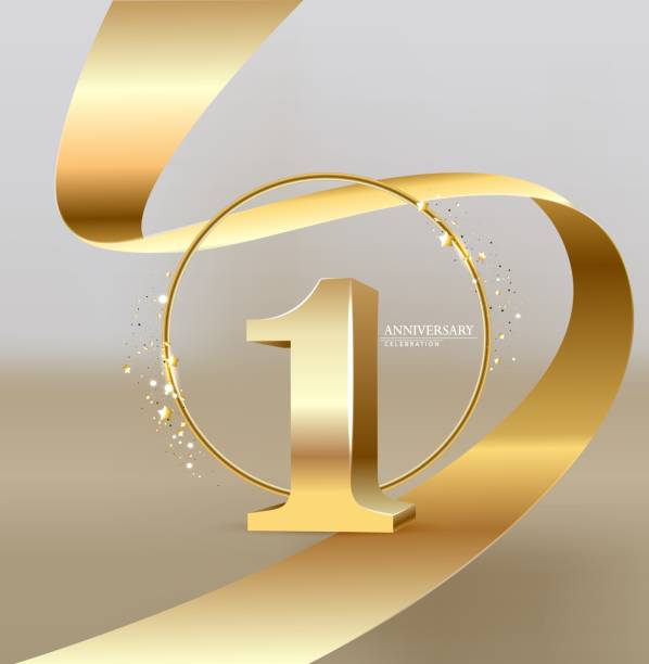 празднование 1-й годовщины. золотые номера с блестящими золотыми конфетти, серпантин. - one animal stock illustrations