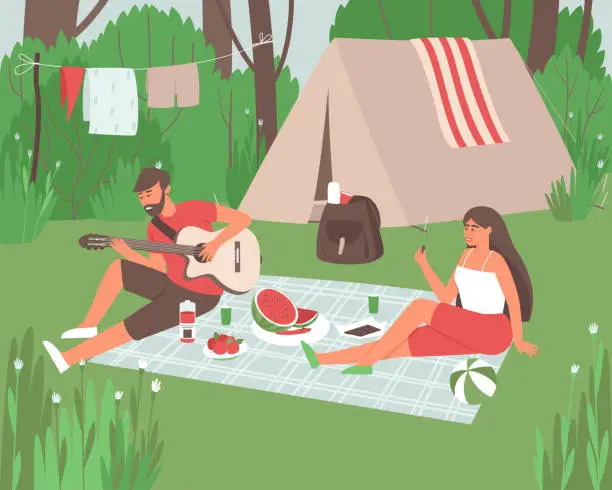 Vector illustration of The couple is resting in the forest in nature near their tent and eating fruit