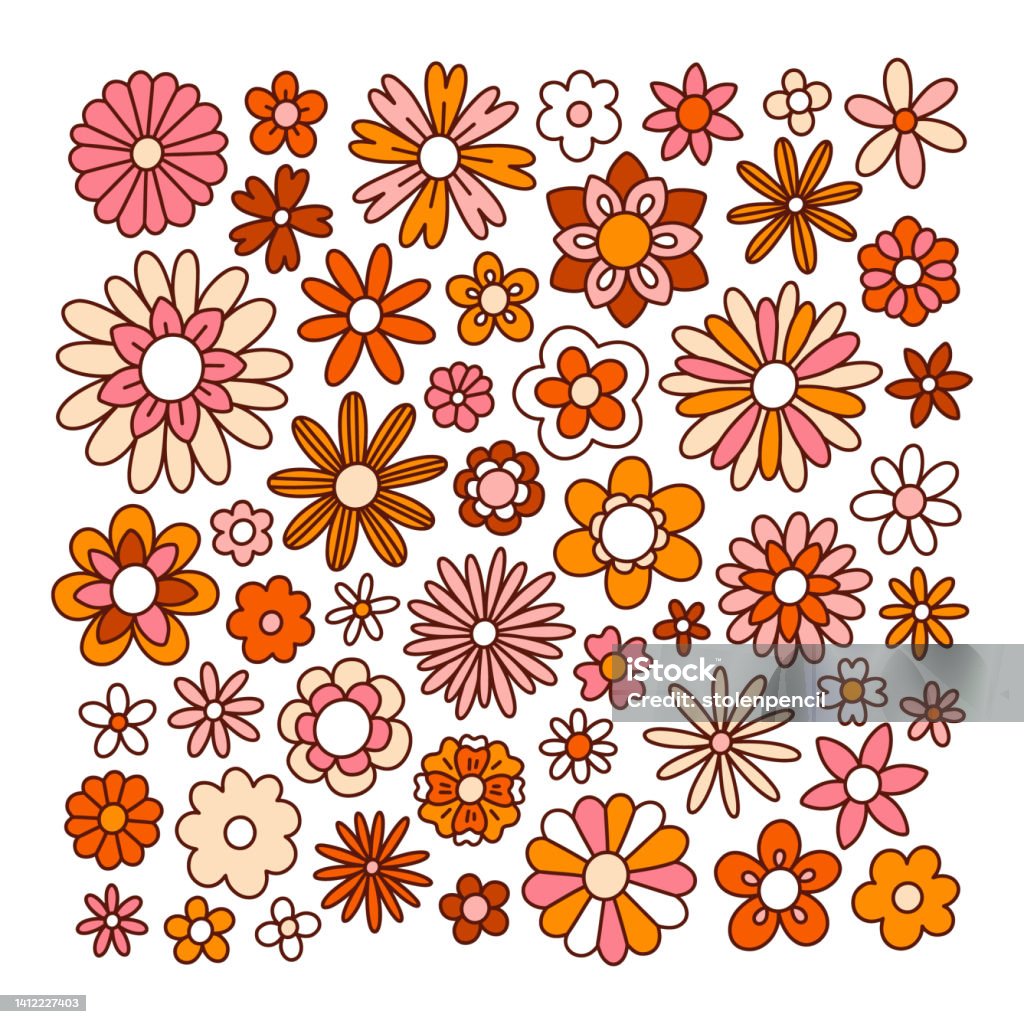 Fun Retro Doodle Orange Flowers Vector Collection Stock Illustration ...