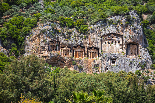 Rock tombs of the kings at ancient city of Kaunos, a UNESCO world heritage site at Dalyan, Mugla, Turkey.