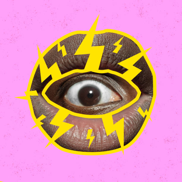 Influence of someone else's opinion. Contemporary art collage. Surreal composition with eye inside human open mouth. Concept of pressure, control, disinformation, mass media gossips. Surrealism