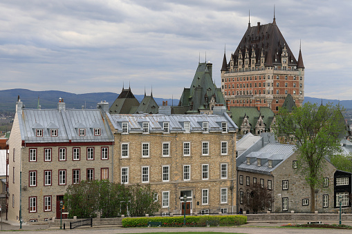 daytime view of the old Quebec city skyline from the La Terrasse Saint-Denis (Quebec, Canada).