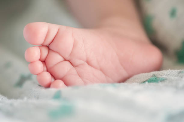 vista macro ravvicinata delle dita carine del piede della gamba piccola del bambino - playground cute baby blue foto e immagini stock