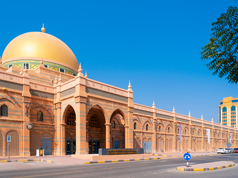 Sharjah, United Arab Emirates (UAE), 20 November 2021: The Sharjah Museum of Islamic Civilization. The museum, opened in 2008, covers Islamic culture, with more than 5,000 artifacts from the Islamic world. Objects include calligraphy, carvings, ceramics, coins, glass, manuscripts, metalwork, and scientific instruments.