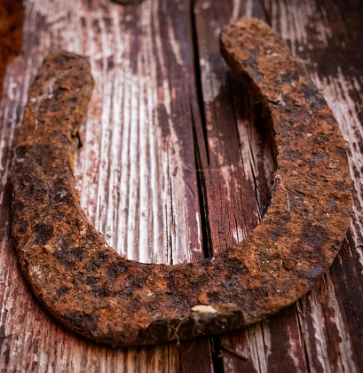 Close-up of an old rusty horseshoe