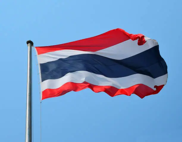 Vector illustration of Thai flag in the wind (actual photo, not cgi), Bangkok, Thailand