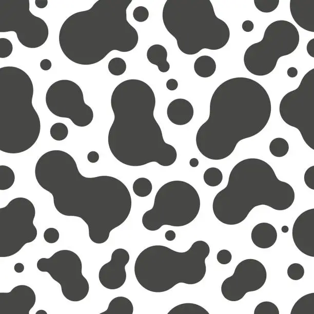 Vector illustration of Cow pattern with spots and stains. Dairy seamless texture. Cute milk theme. Vector animal skin background.