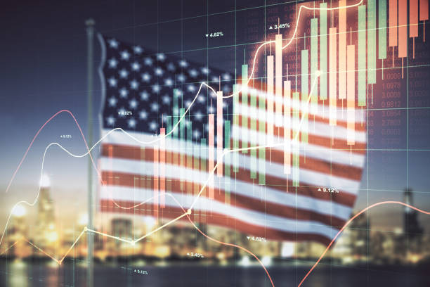 istock Multi exposure of virtual abstract financial graph interface on US flag and skyline background, financial and trading concept 1412234191