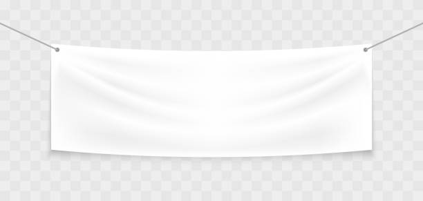istock White textile banner on the ropes. Blank realistic stretched banner with folds. Mockup hanging advertising banner. Outdoor poster for promotion, marketing and advertising. Vector illustration. 1412236306