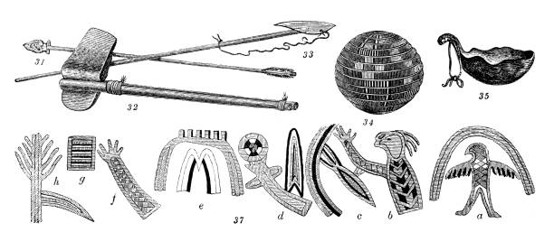 ilustrações de stock, clip art, desenhos animados e ícones de antique illustration, ethnography and indigenous cultures: north american native tools and writing/drawing - panoramic illustration and painting antique old fashioned