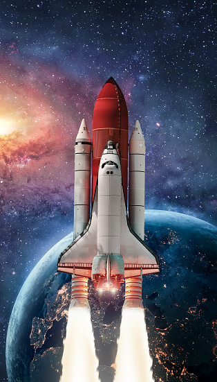 Launch of space shuttle from Earth planet. Spaceship in outer space. Rocket flight. Stars and galaxy in solar system. Elements of this image furnished by NASA (url: https://www.nasa.gov/sites/default/files/styles/full_width_feature/public/images/164234main_image_feature_713_ys_full.jpg https://eoimages.gsfc.nasa.gov/images/imagerecords/79000/79765/dnb_land_ocean_ice.2012.3600x1800.jpg)
