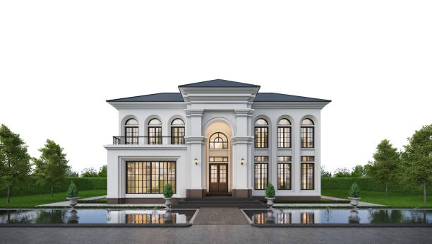 흰색 배경에 연못과 풍경이있는 고전적인 집 외관.3d 렌더링 - mansion 뉴스 사진 이미지