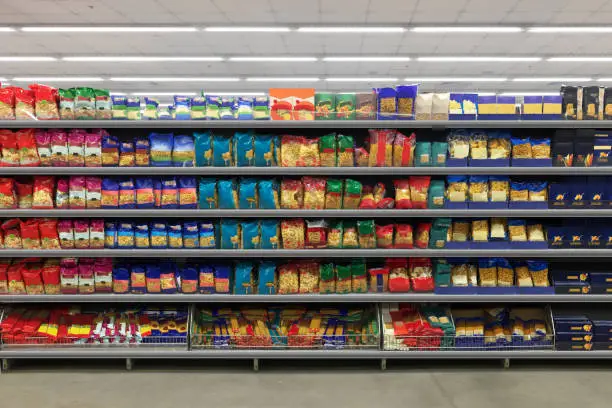 Pasta Packaging in a supermarket on a shelf. Suitable for presenting new product plans and new packaging among many others.