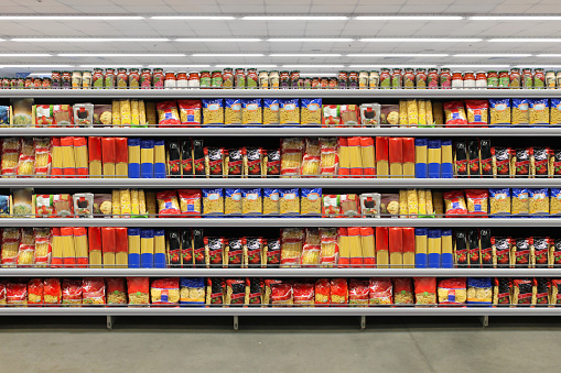 Pasta Packaging on shelf Mockup. This Supermarket Interior is suitable for presenting new pasta packaging design among many others, planograms, schematics.