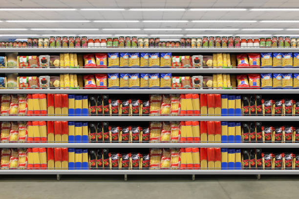 istock Pasta packaging on shelf at Grocery store 1412238872