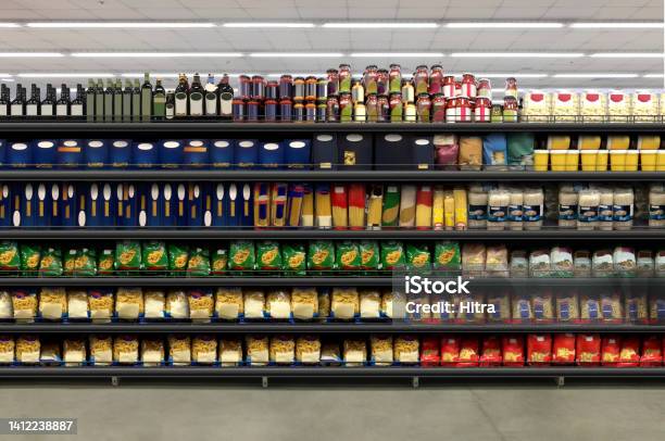 Planogram Pasta On Shelf In Supermarket Stock Photo - Download Image Now - Convenience Store, Soup, Aisle