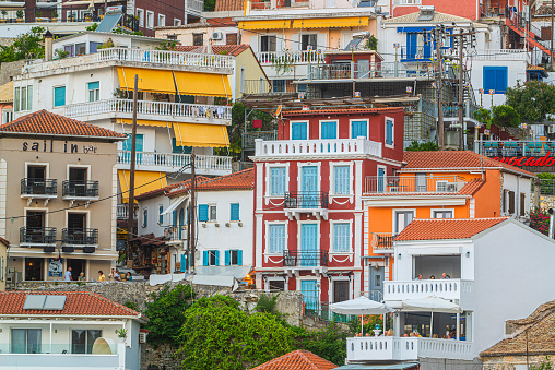 09 June 2022, PARGA, GREECE, Panoramic view of the amazing coastal city of Parga at daylight with beautiful, decorated streets, buildings, shops, and restaurants.