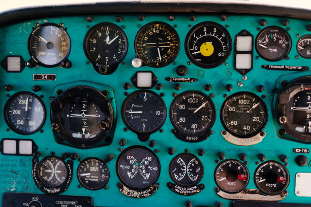 istock Toggle switches old soviet helicopter mi2 many text Russian language which translates Light danger Beacon Suspension Cargo Dump Tactical Emergency 1412239248