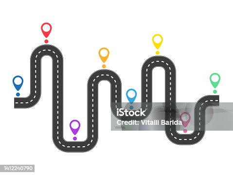istock Curve asphalt road path with pin pointers. 1412240790