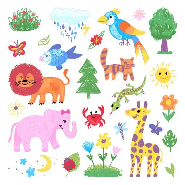 Vector illustration of Kids pencil drawing. Child crayons design, children drawings color animals. Art giraffe, lion and elephant. Baby zoo wild animals neoteric vector set