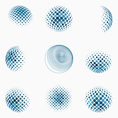 Vector Blue Half Tone Polka Dots Sphere Business Symbol Set Collection