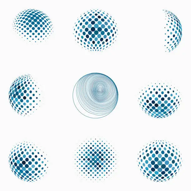 Vector illustration of Vector Blue Half Tone Polka Dots Sphere Business Symbol Set Collection