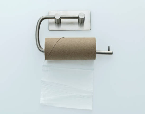 istock Empty toilet paper roll handing on white background 1412242965
