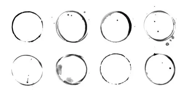 Vector illustration of Coffee cup circle black vector stains. Round ring grunge stain