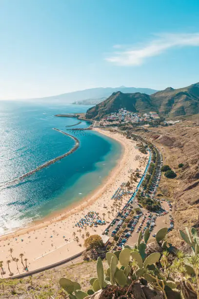 Las Teresitas beach, with Santa Cruz and El Teide in the background, Tenerife, Canary Island, Spain