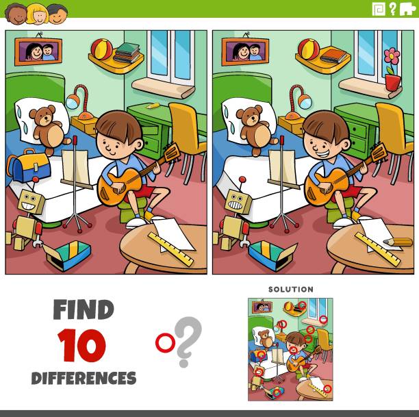 ilustraciones, imágenes clip art, dibujos animados e iconos de stock de juego de diferencias con niño de dibujos animados con guitarra en su habitación - window book education symbol