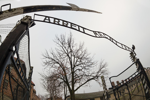 Oswiecim, Poland  November 23, 2018: Arbeit macht frei sign over Auschwitz nazi concentration camp