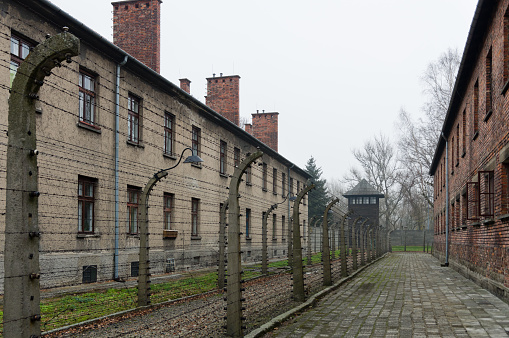 Auschwitz, Poland - July 17, 2015:  Entrance to the Auschwitz concentration camp.It was the biggest Nazi camp located near Krakow at the town of Oswiecim/Auschwitz/.Many jewish people and political prisoners were tortured to death,dying from starvation and exhaustion.Nowadays the camp is functioning as a museum for the tourists.