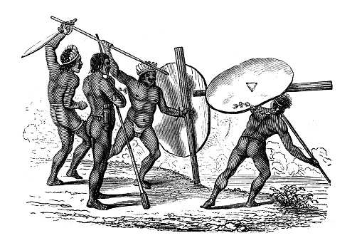 Antique illustration, ethnography and indigenous cultures: South American natives, Juris people warrior dance