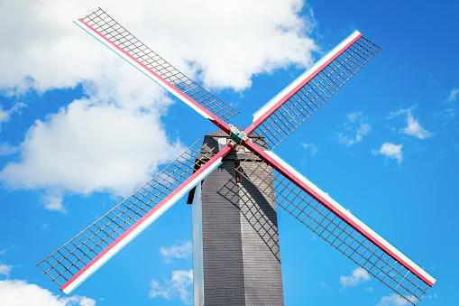 Rustic wooden windmills in Bruges public park, Belgium