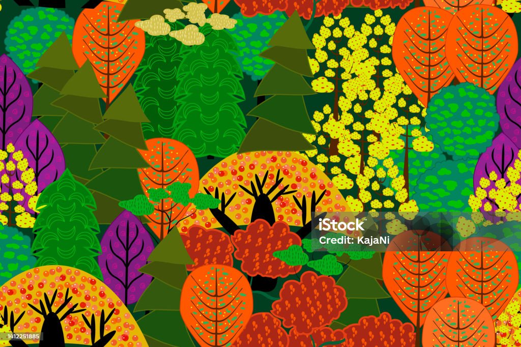 Seamless Pattern With Autumn Forest Stylized Colorful Trees Texture Or ...