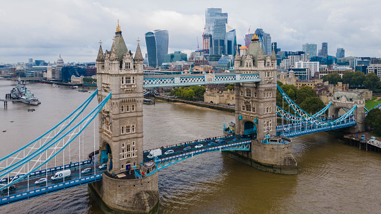 Tower Bridge in London aerial drone view