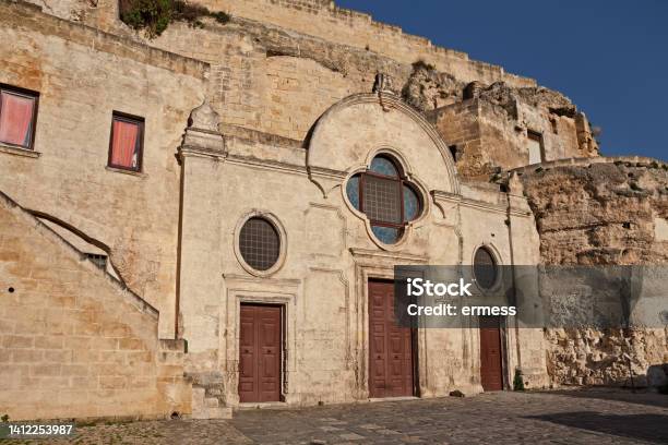 Matera Basilicata Italy The Medieval Rock Church San Pietro Barisano Carved Into The Tuff In The Old Town Of The Ancient Italian City Stock Photo - Download Image Now