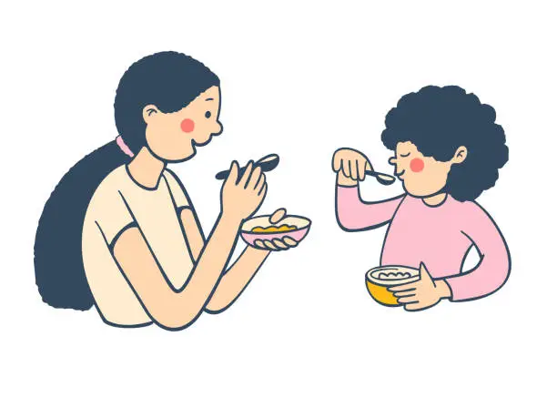 Vector illustration of Mom and little daughter are eating.