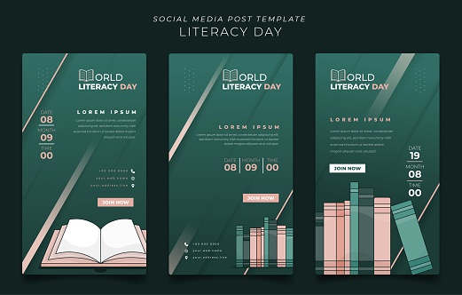 Set of social media post template with bookshelf and opened book for world literacy day