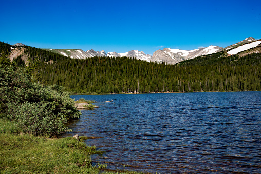 Indian Peak Wilderness area lake favorite by tourists and moose in Colorado Rocky Mountains of western USA.