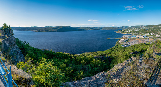 A panoramic view of Corner Brook, Newfoundland as seen from Captain James Cook's lookout during early sunset.