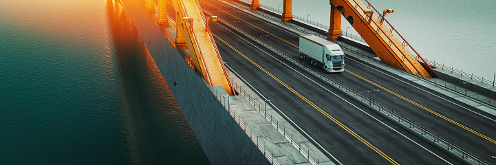 truck driving over bridge. 3d  render and illustration.